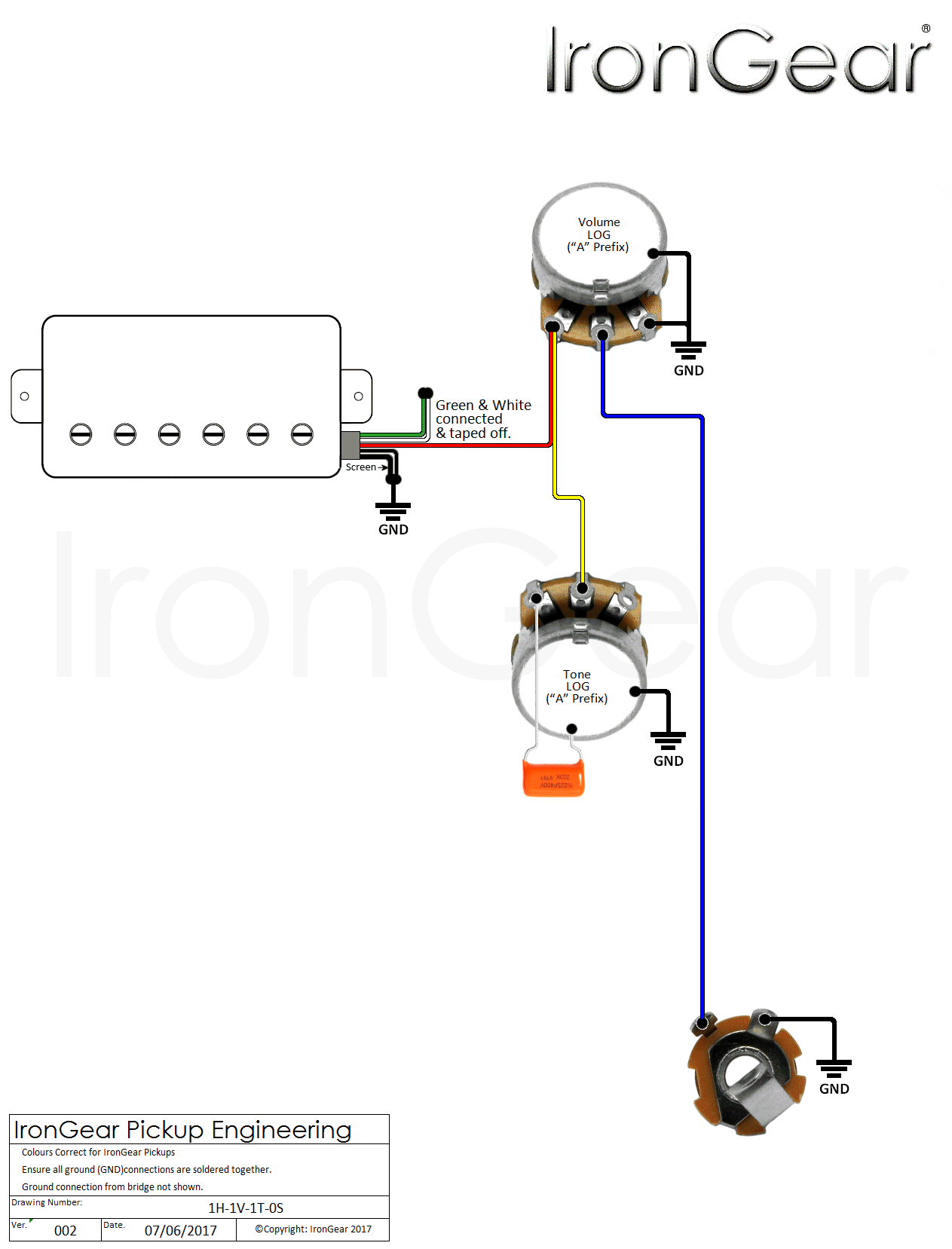 Wiring Diagram For One Humbucker With One Volume One Tone from www.irongear.co.uk