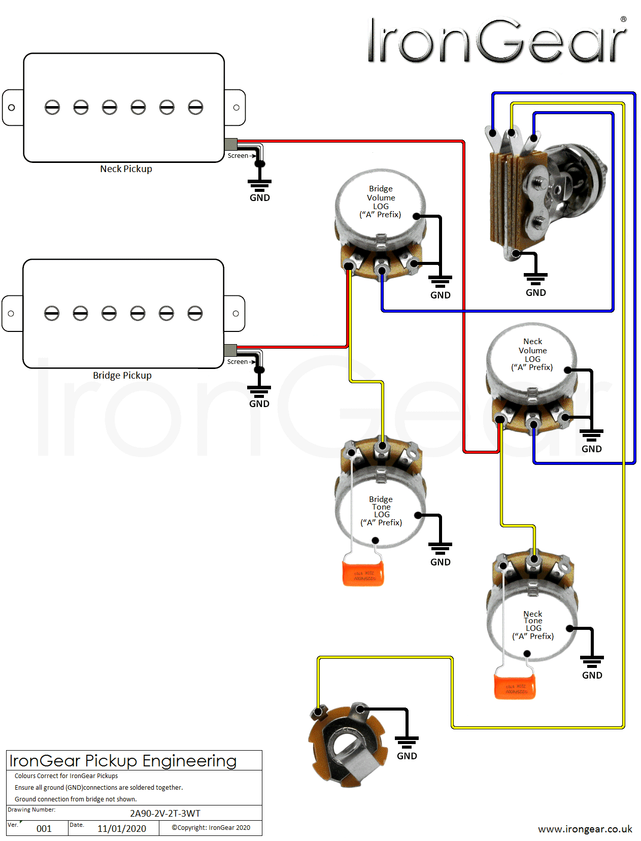 Single Humbucker Volume And Tone Wiring Diagram from www.irongear.co.uk