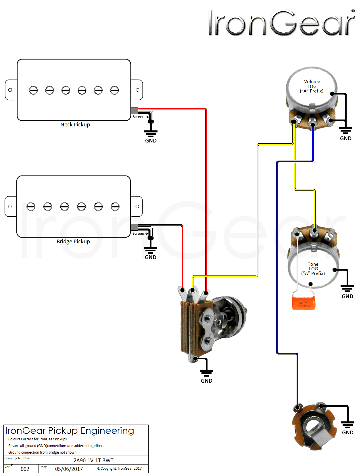 Wiring Diagram For One Humbucker With One Volume One Tone from www.irongear.co.uk