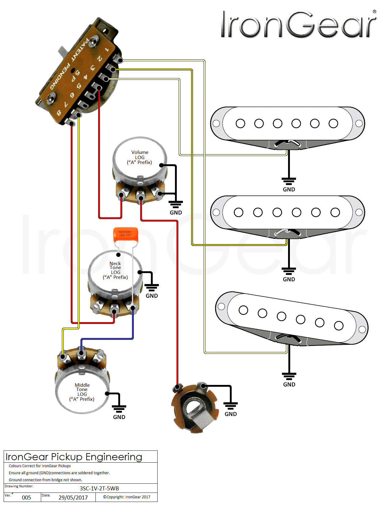 IronGear Pickups - Wiring  Strat Wiring Diagram 3 Single Coil 2 Tone Capacitors    IronGear Pickups